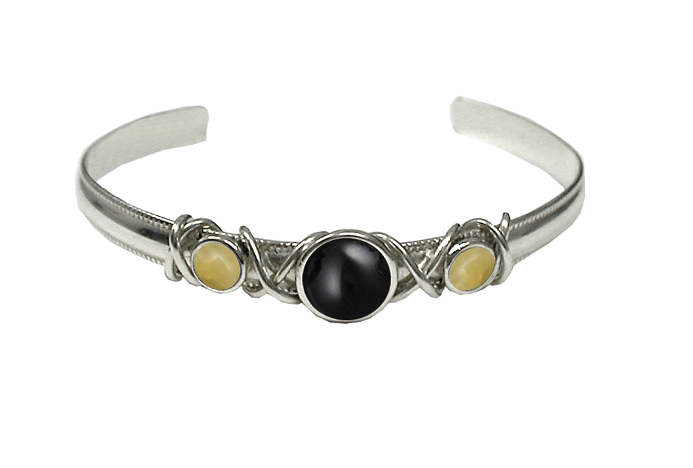 Sterling Silver Hand Made Cuff Bracelet With Black Onyx And Yellow Aragonite